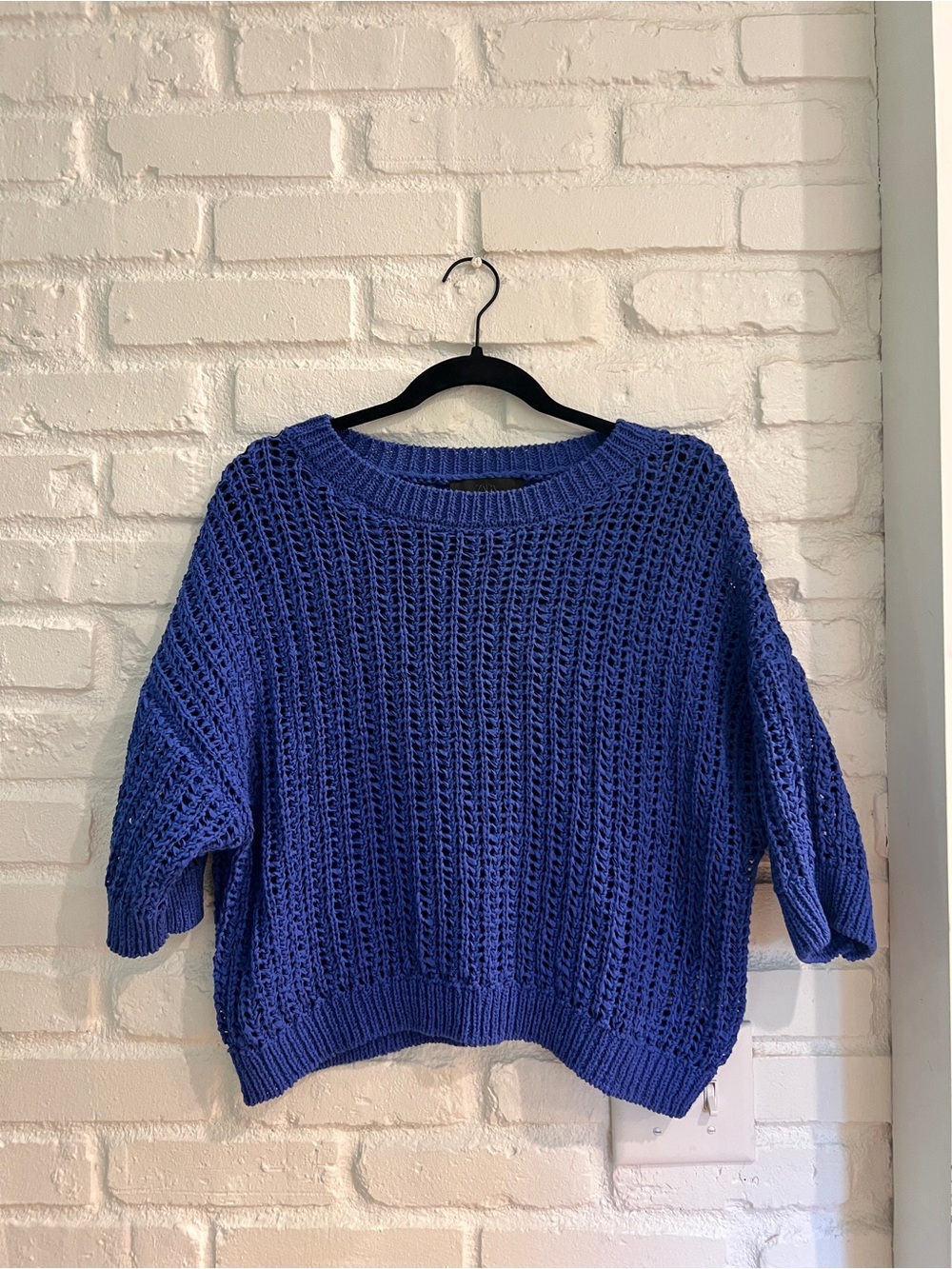 Zara Royal Blue Open-Knit Crewneck Sweater
